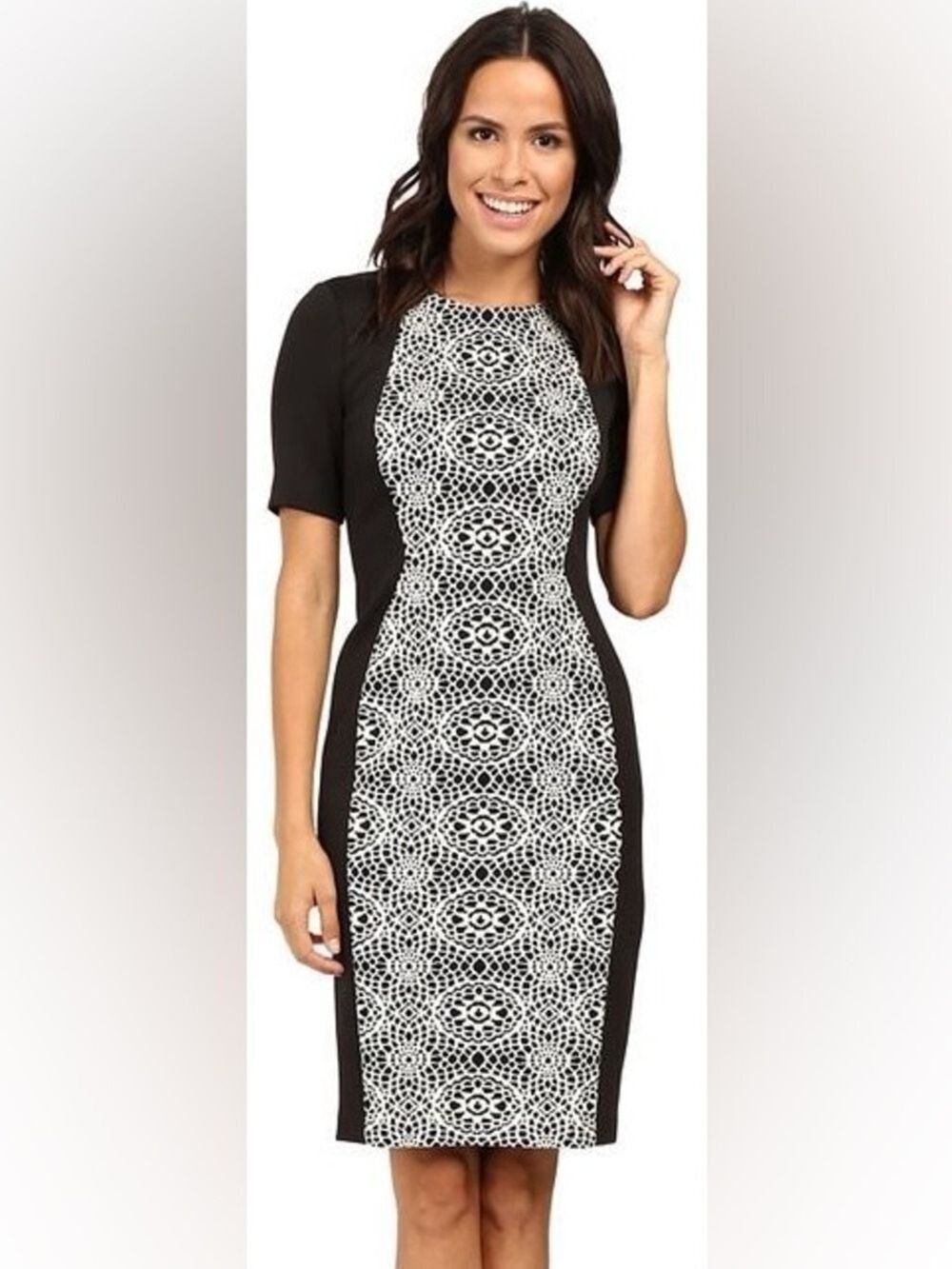 Adrianna Papell Bonded Lace Block Sheath Dress Ivory & Black, size 6